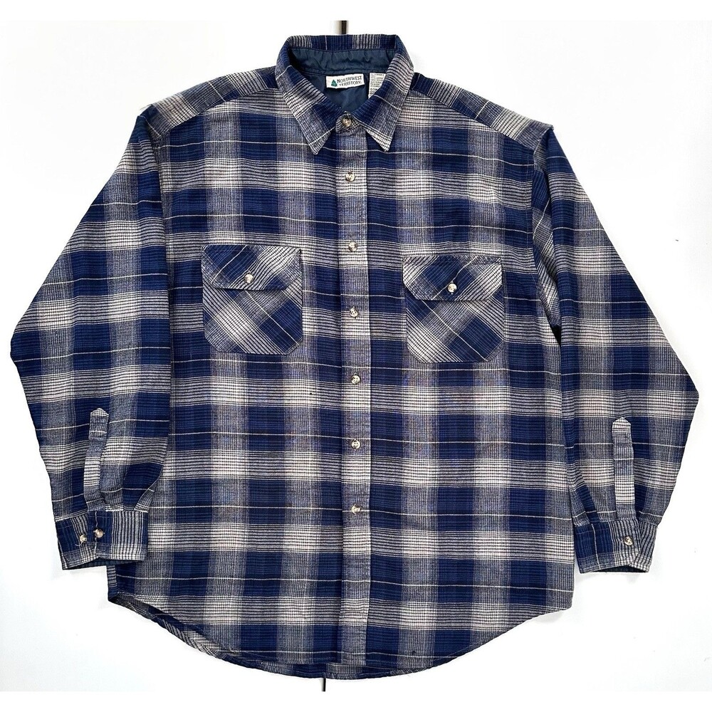 Vintage Northwest Territory Plaid Flannel Shirt Men’s Large Blue White 80s/90s
